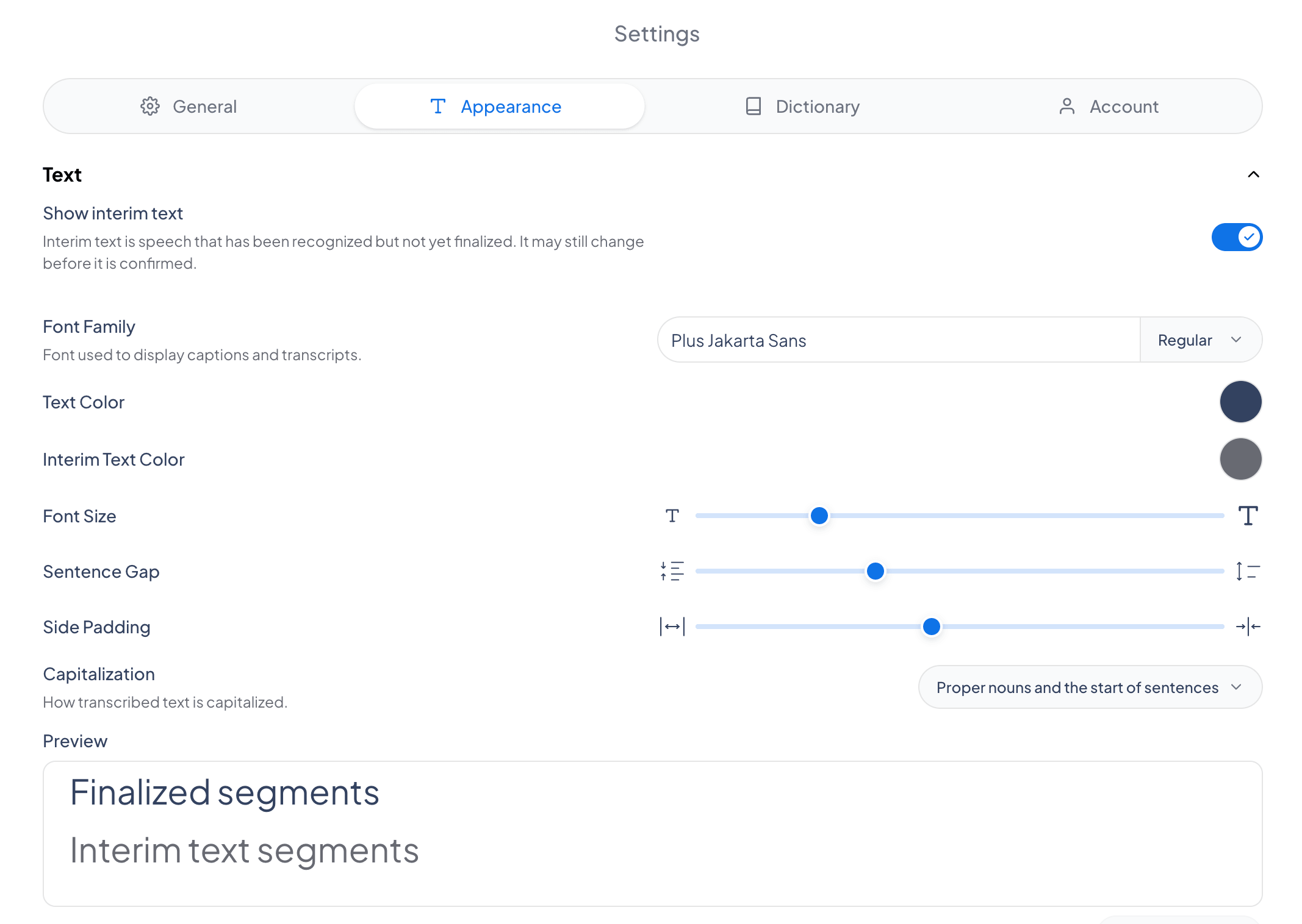 The caption customization panel with font, color, size, and background controls