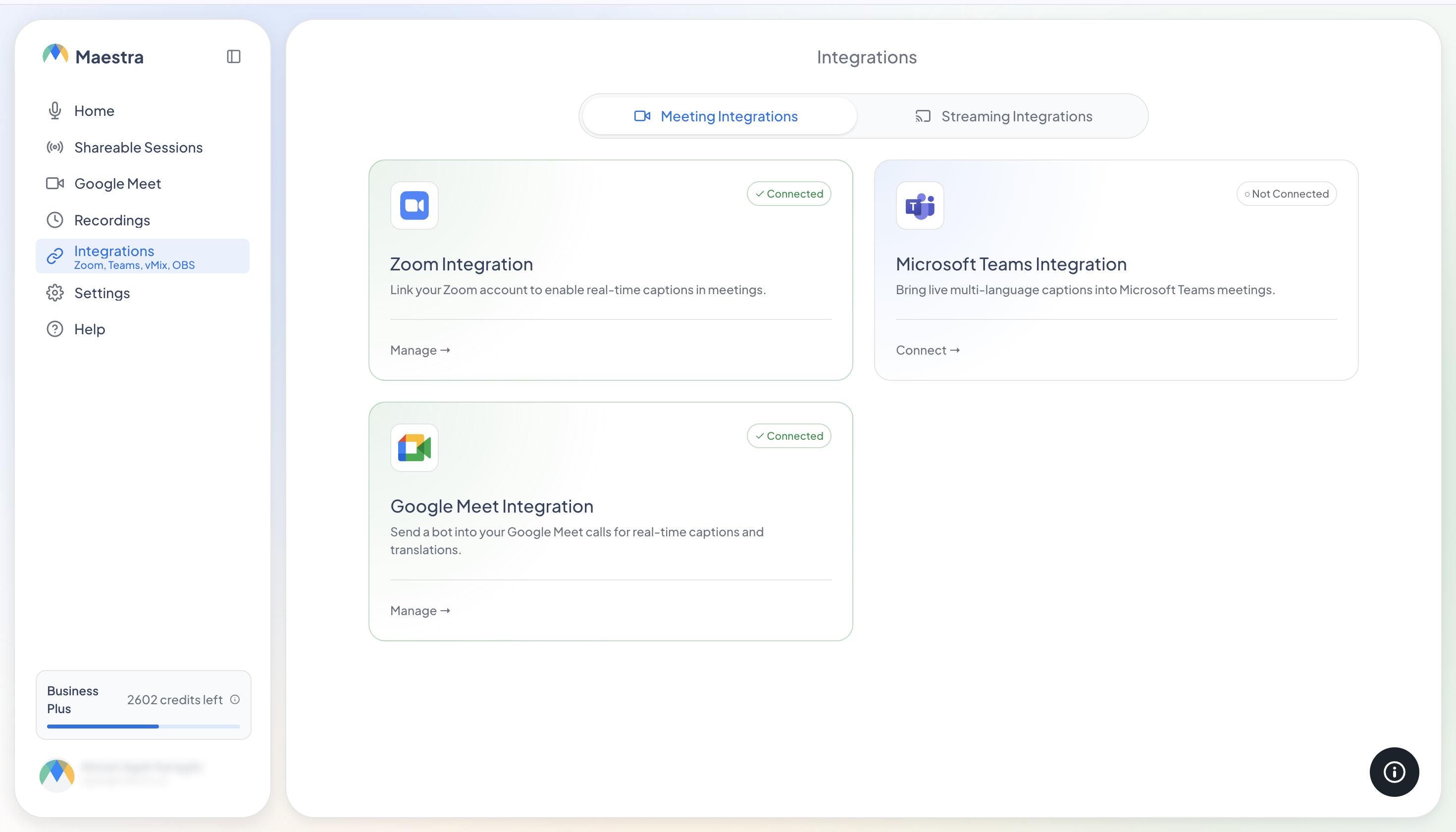 Once enabled, the card shows Connected and a Google Meet entry appears in the sidebar.
