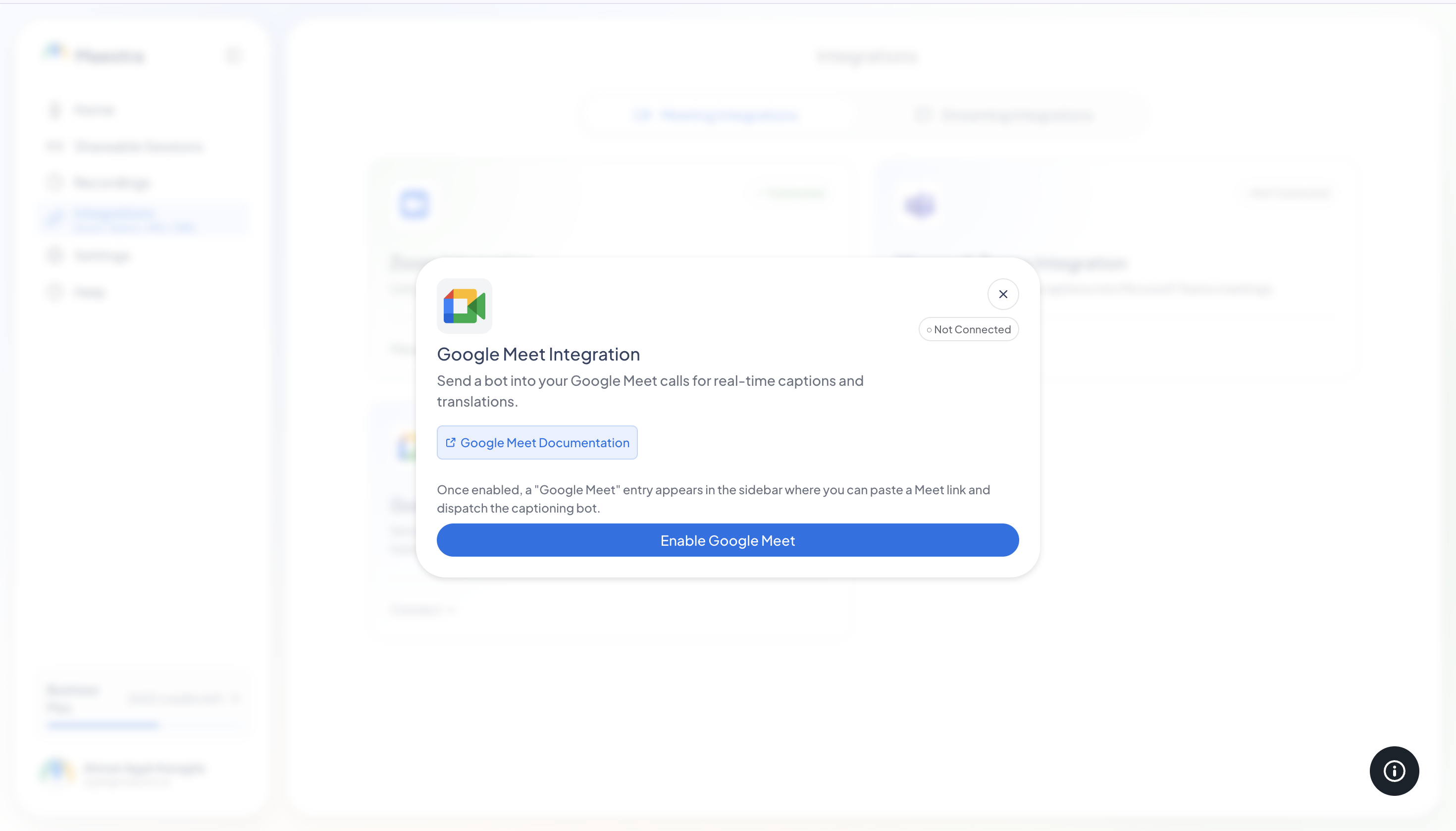 The Google Meet dialog with the Enable Google Meet button.