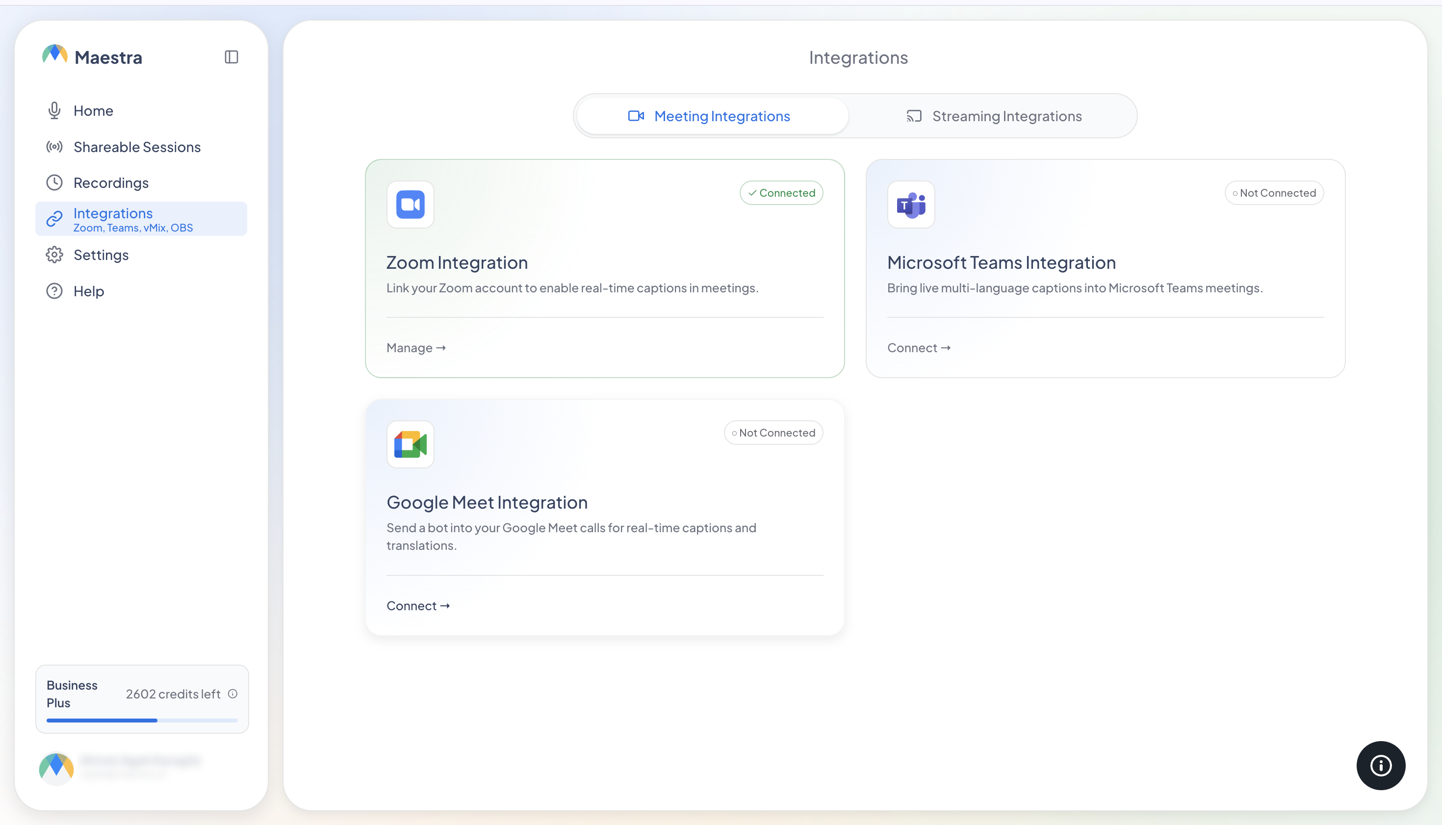 The Integrations page in Maestra, with the Google Meet card not yet connected.