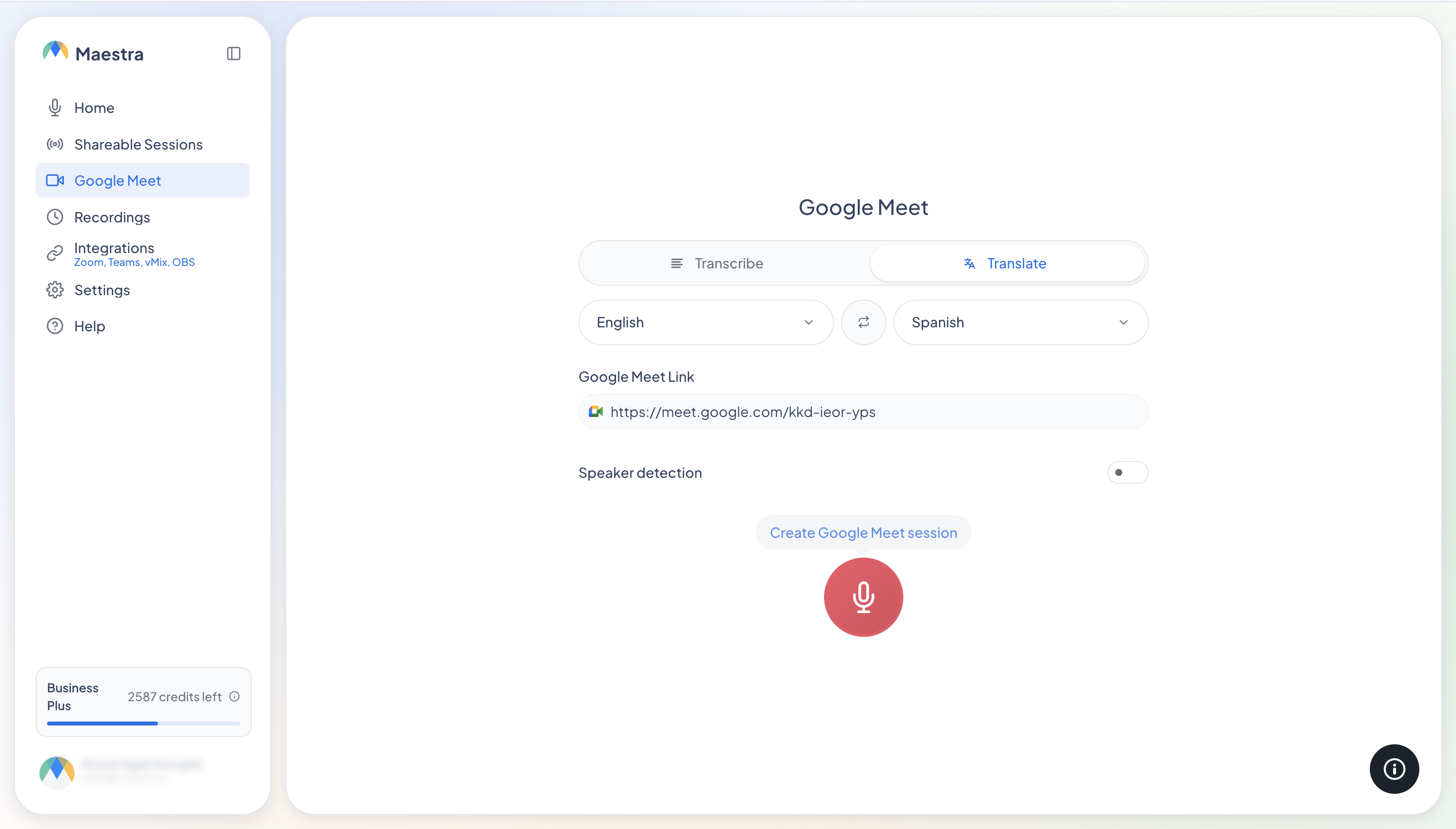 The Google Meet setup page with languages picked and the meeting link filled in.