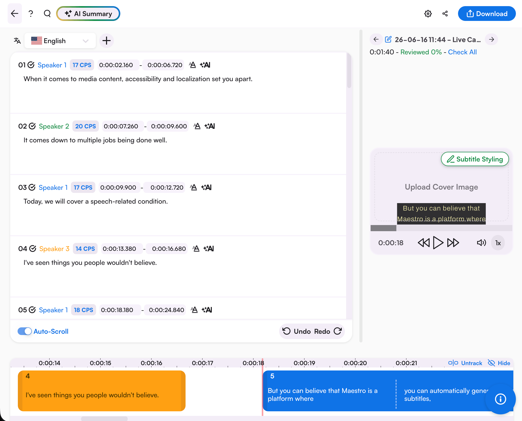 A recording opened in the Maestra Editor for advanced editing.