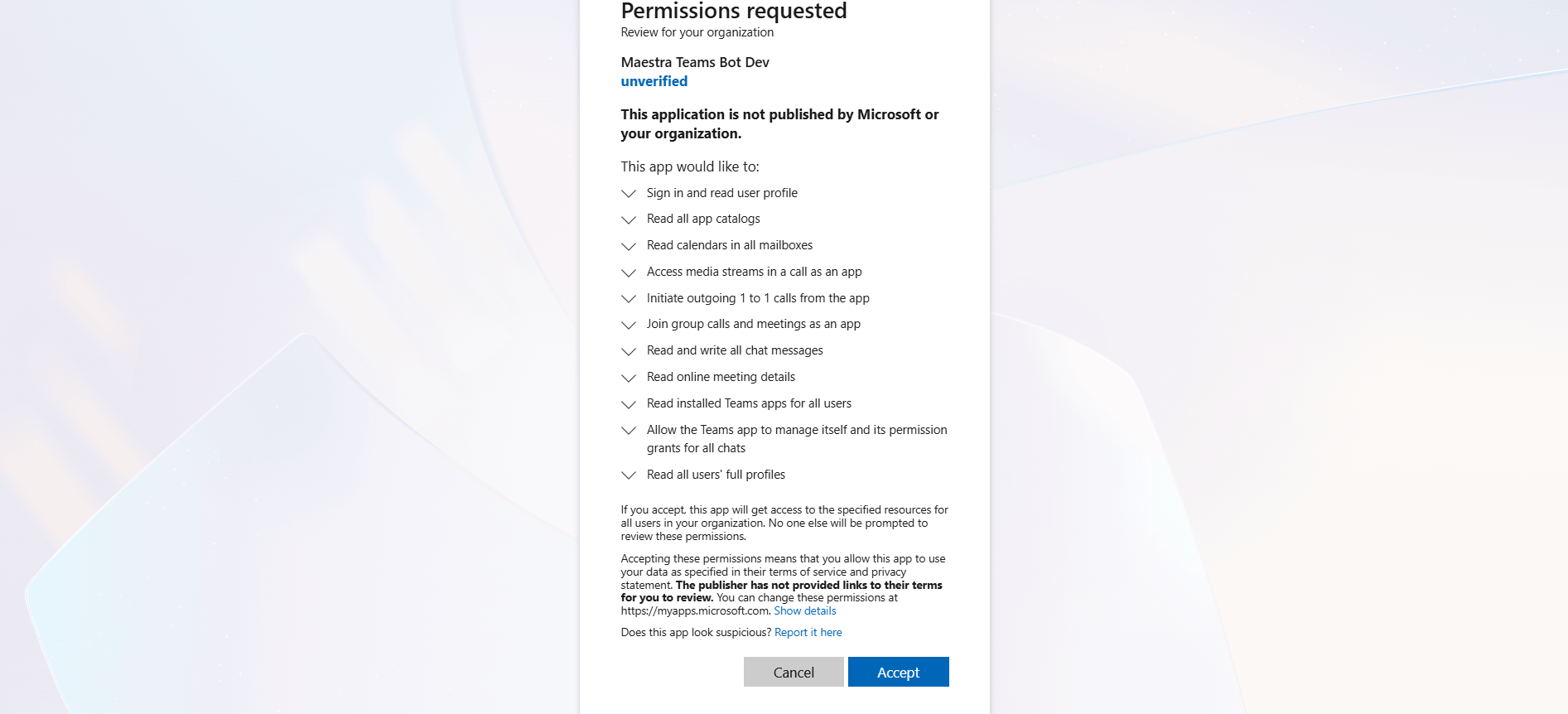 Microsoft-administratorsamtykke til Maestra.