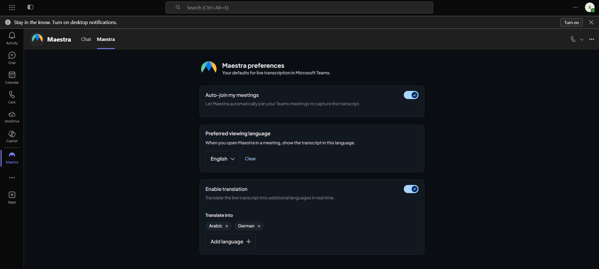 Maestras personlige fane: Automatisk deltagelse, visningssprog og oversættelser.