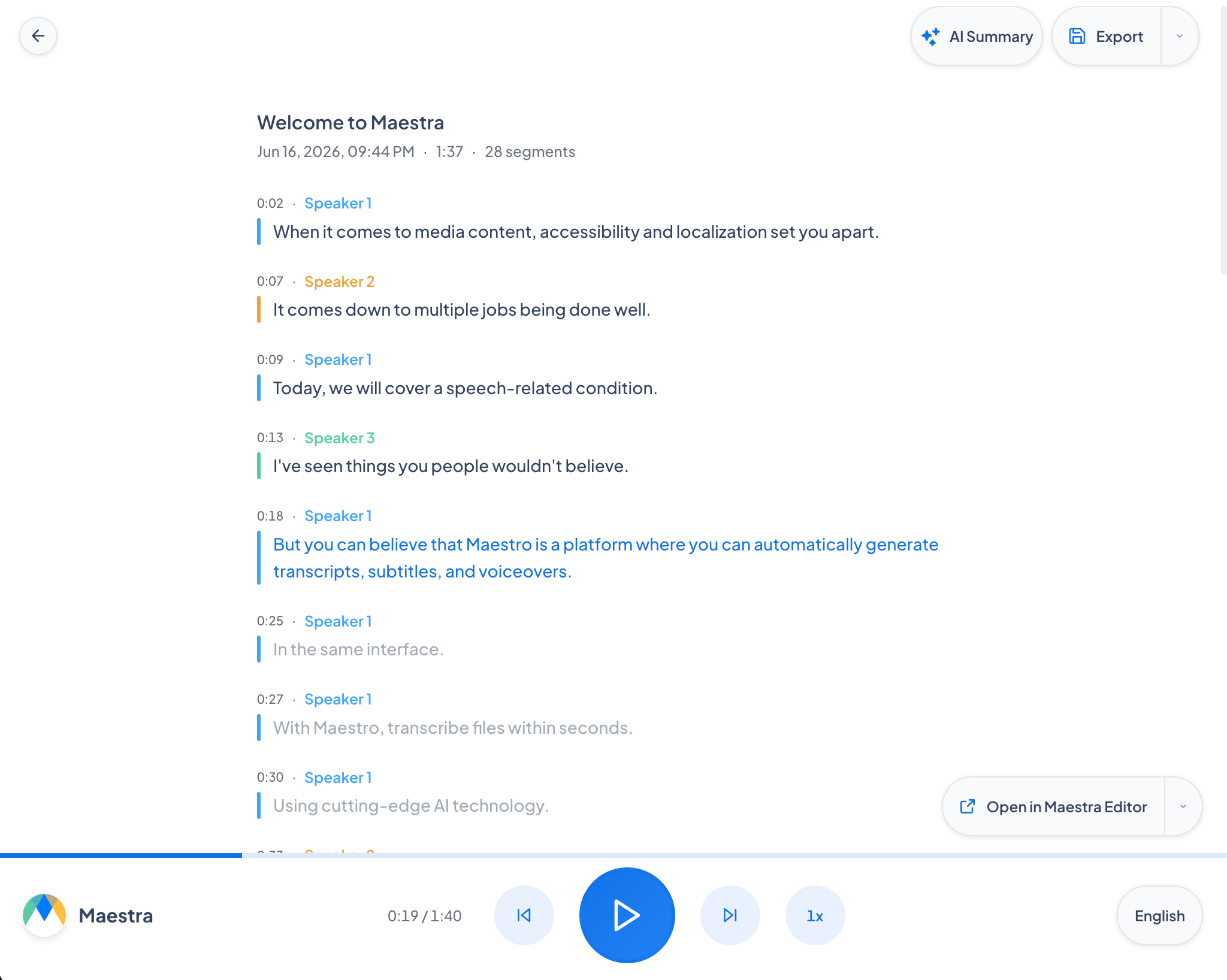 An opened recording with its transcript and player.