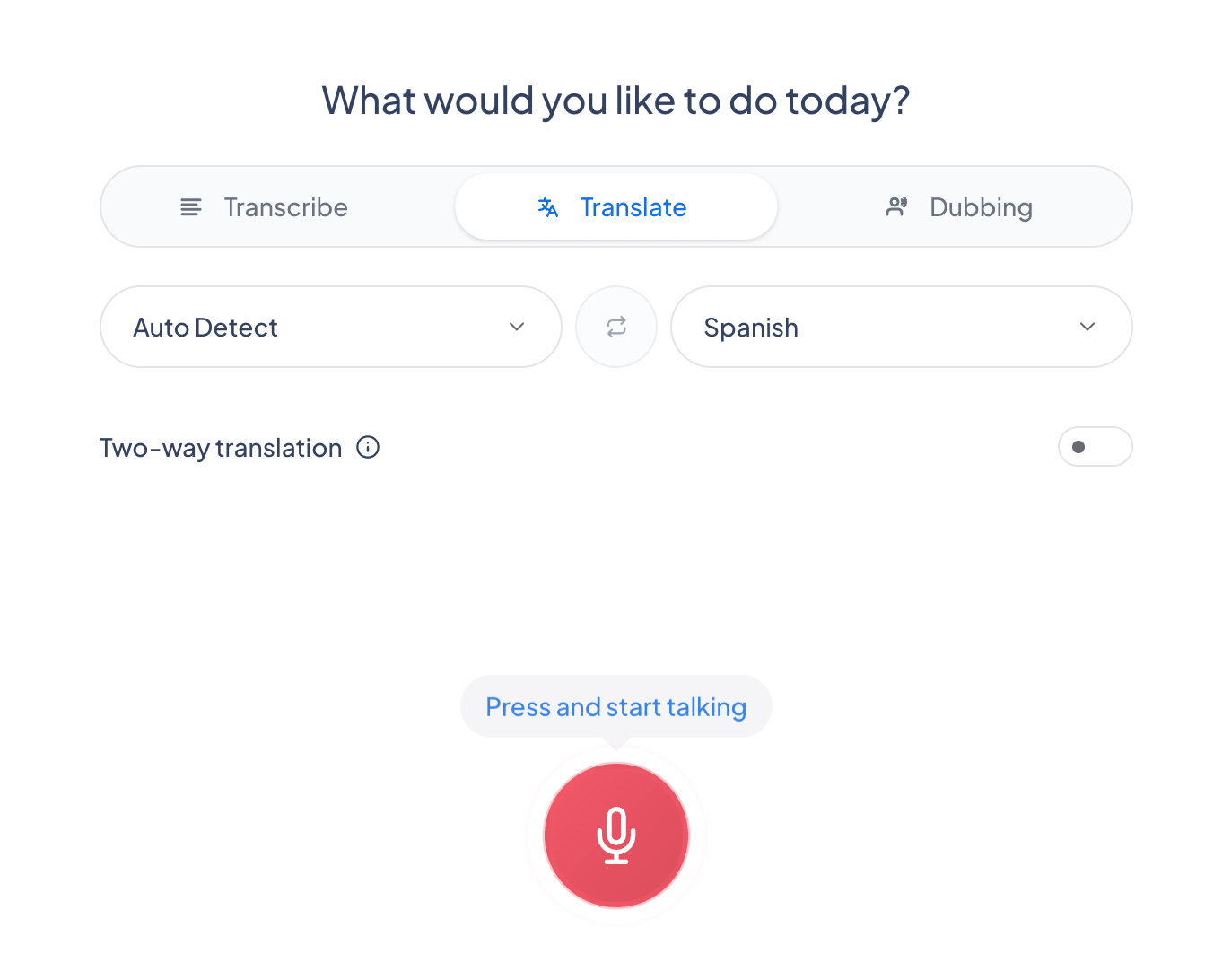 A live session showing the transcript, translated captions, and the AI voice selector