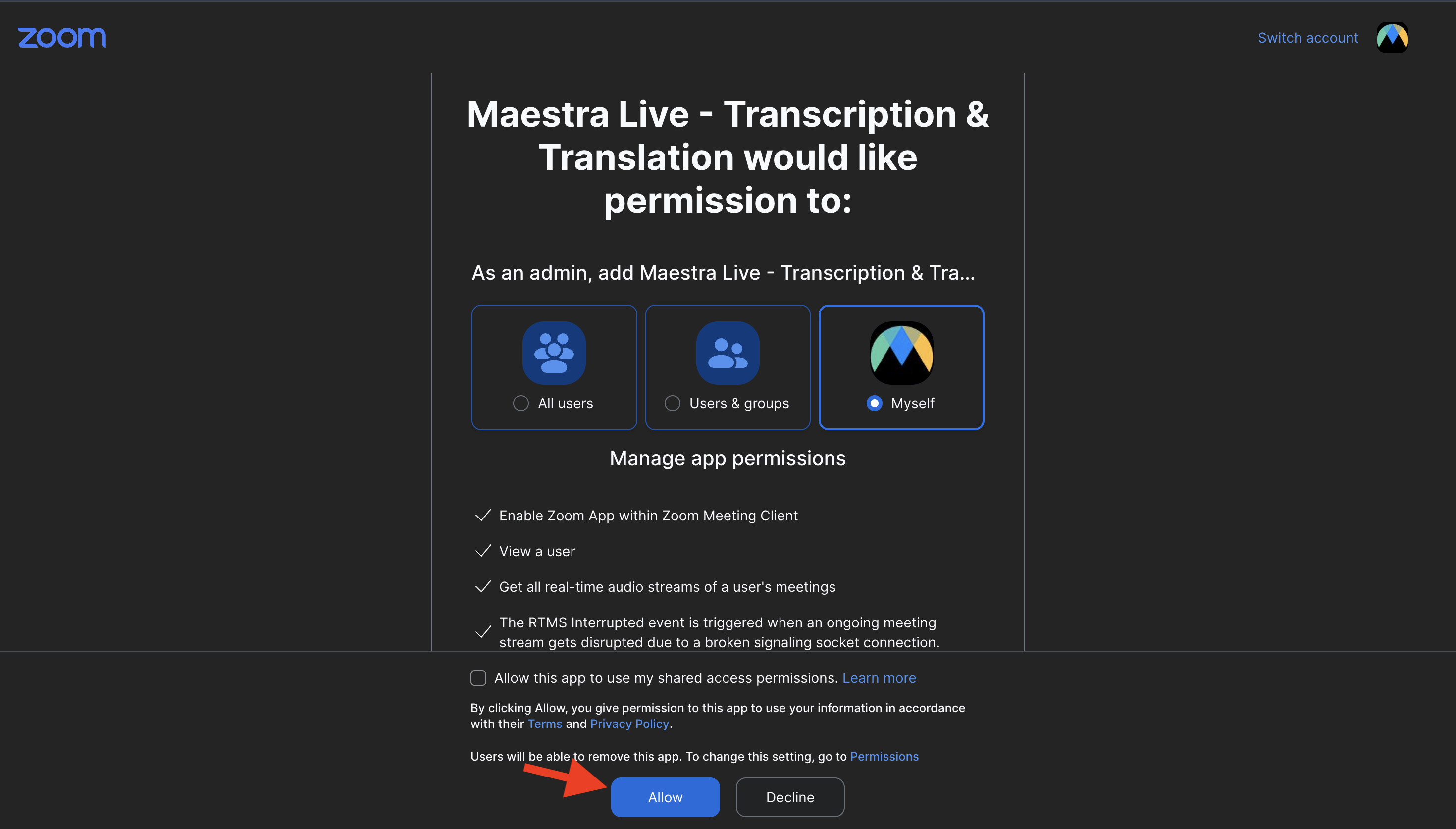The Zoom authorization screen. Review the permissions and click Allow.