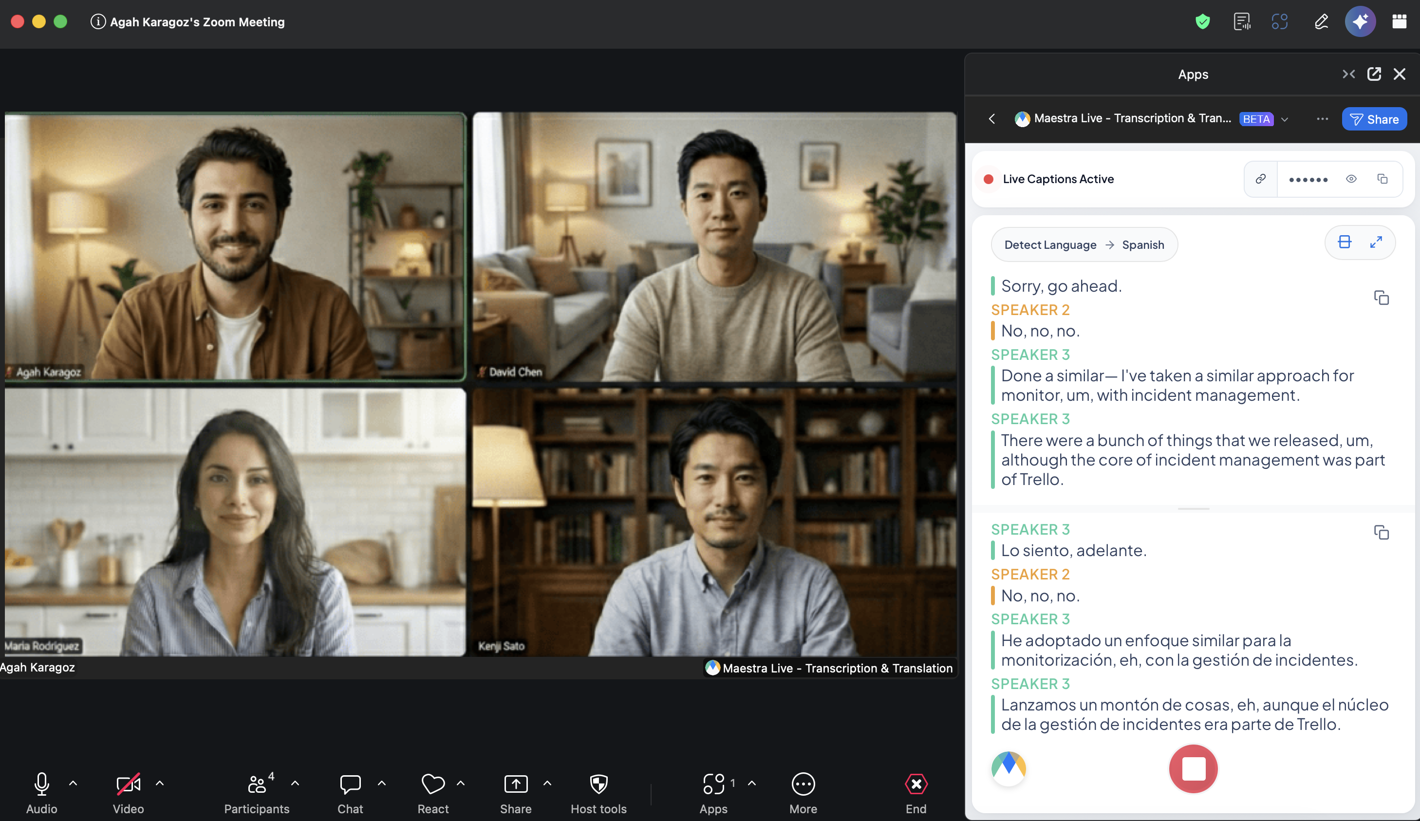 The Maestra Live app running inside a Zoom meeting, showing live captions and translations.