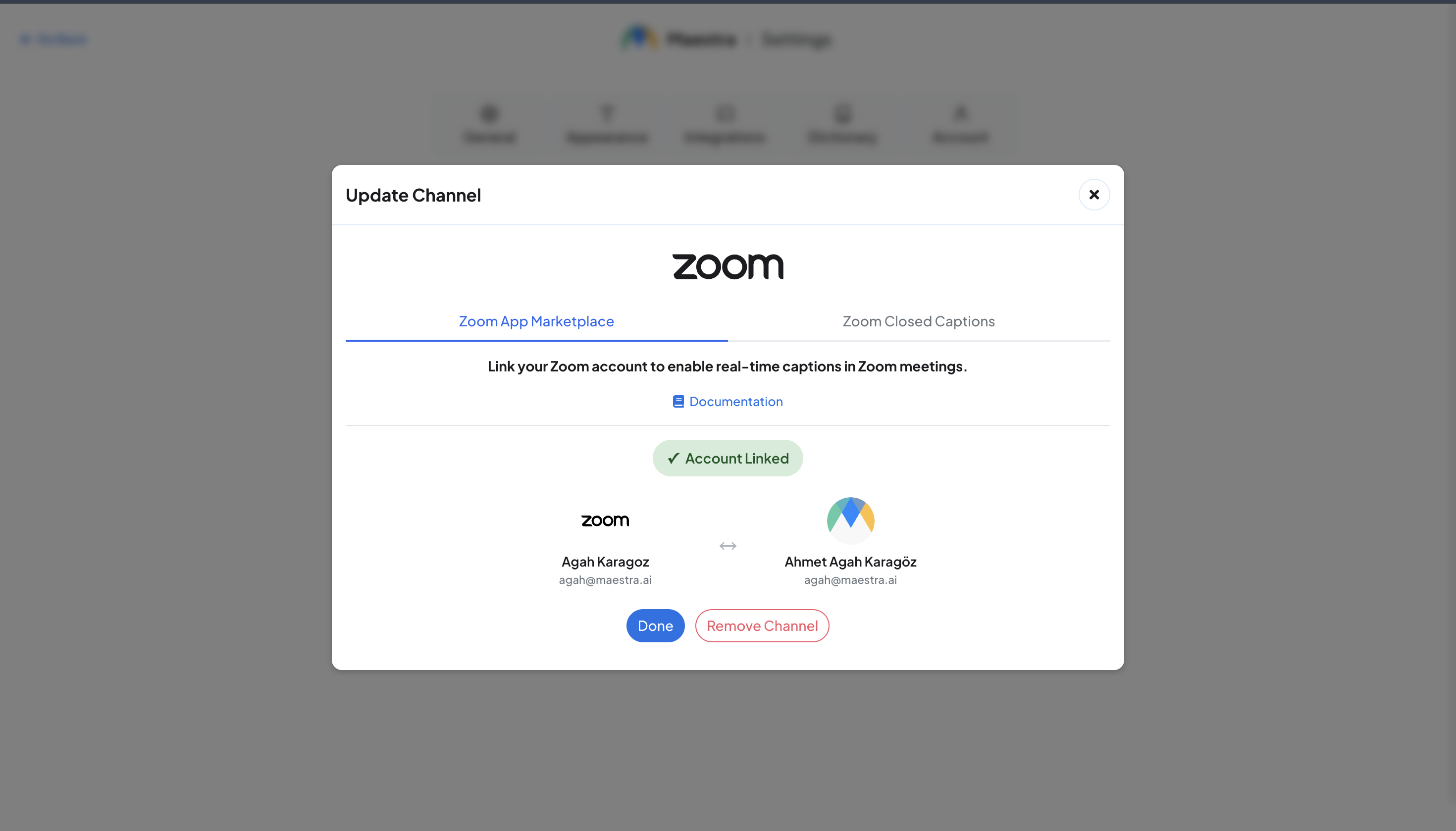 The Zoom App Marketplace tab in Maestra settings, showing the linked account.