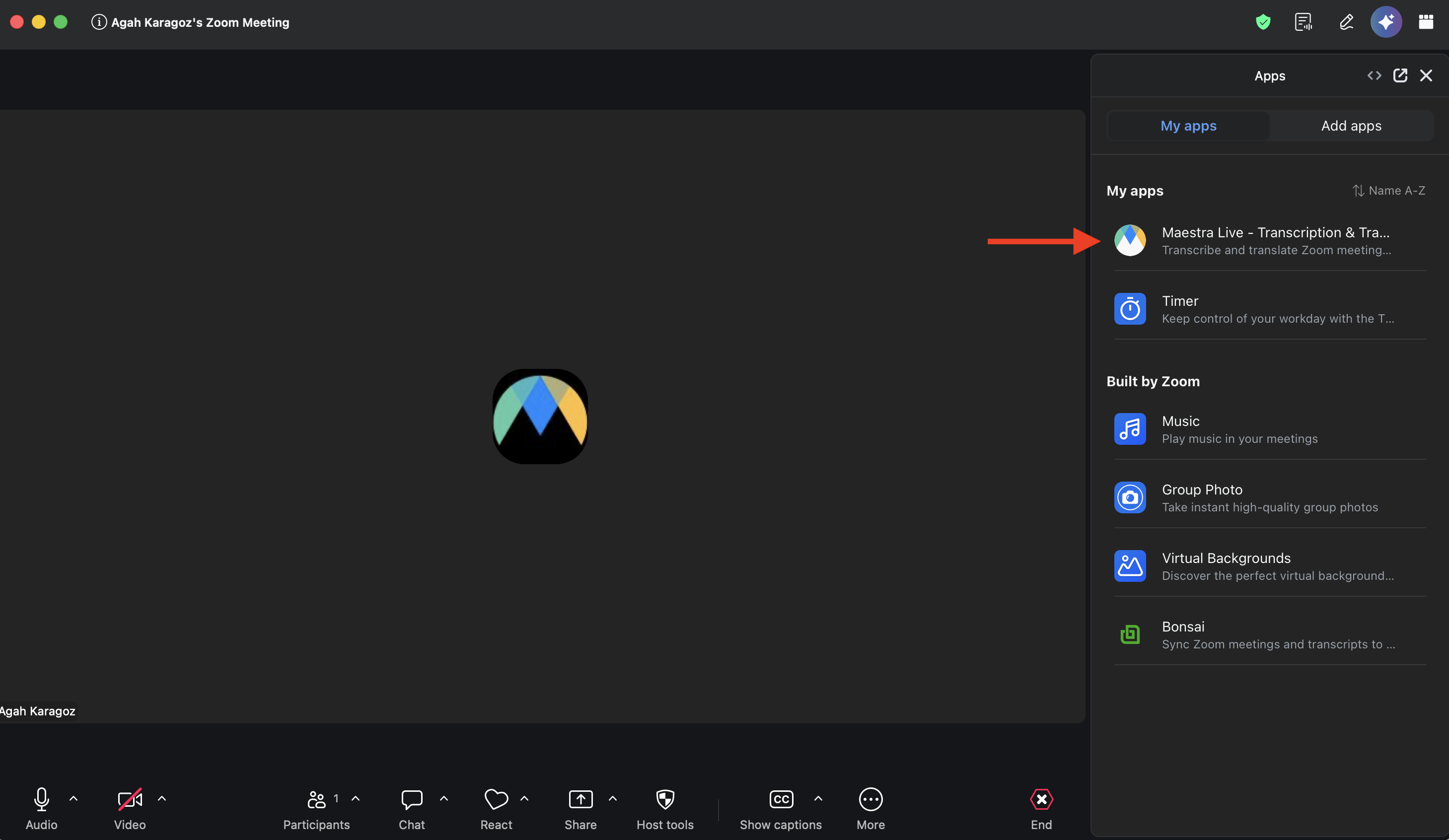 Open the Maestra app from the Apps list in the Zoom meeting toolbar.