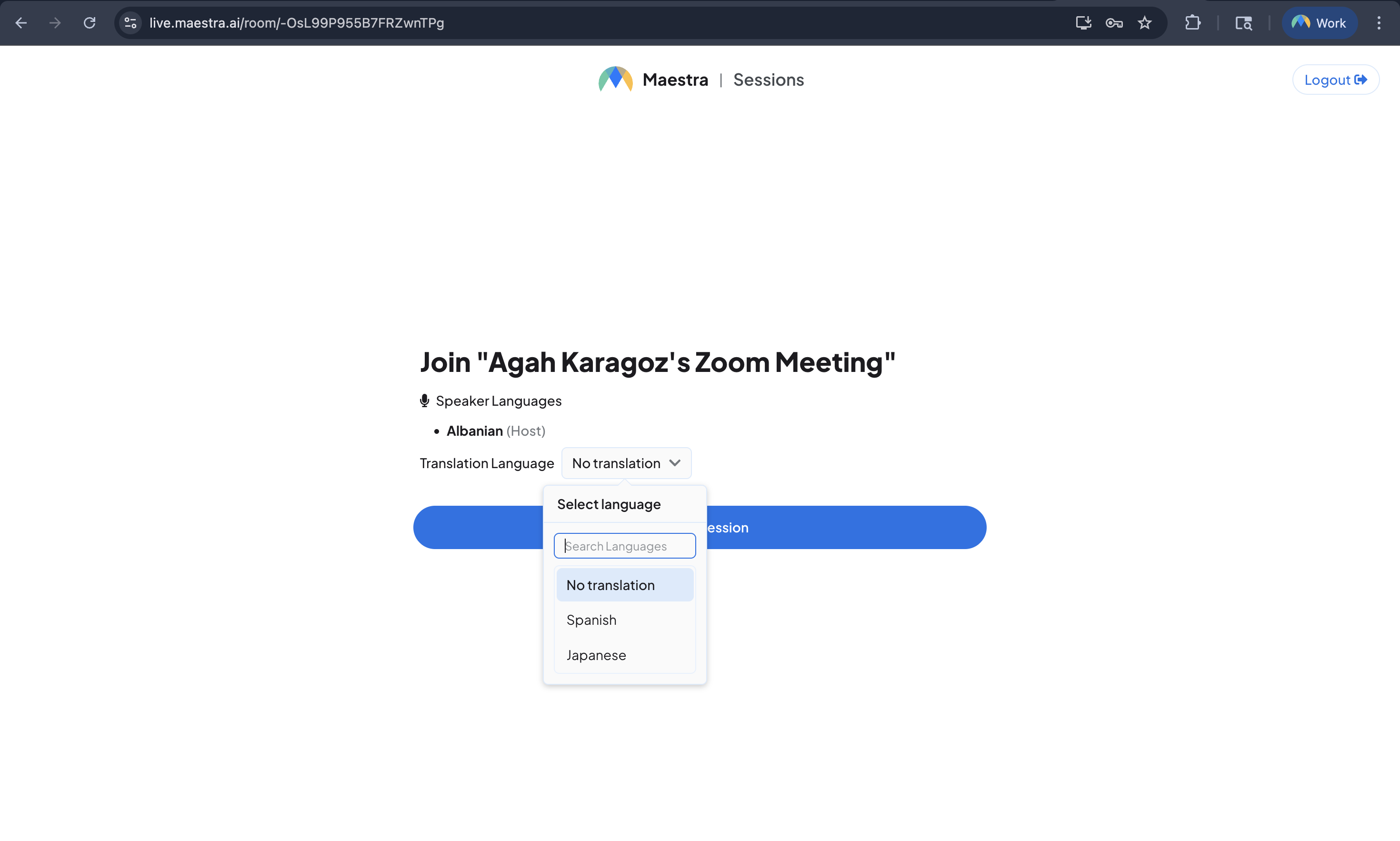 The viewer's join page, choosing a translation language before entering the room.