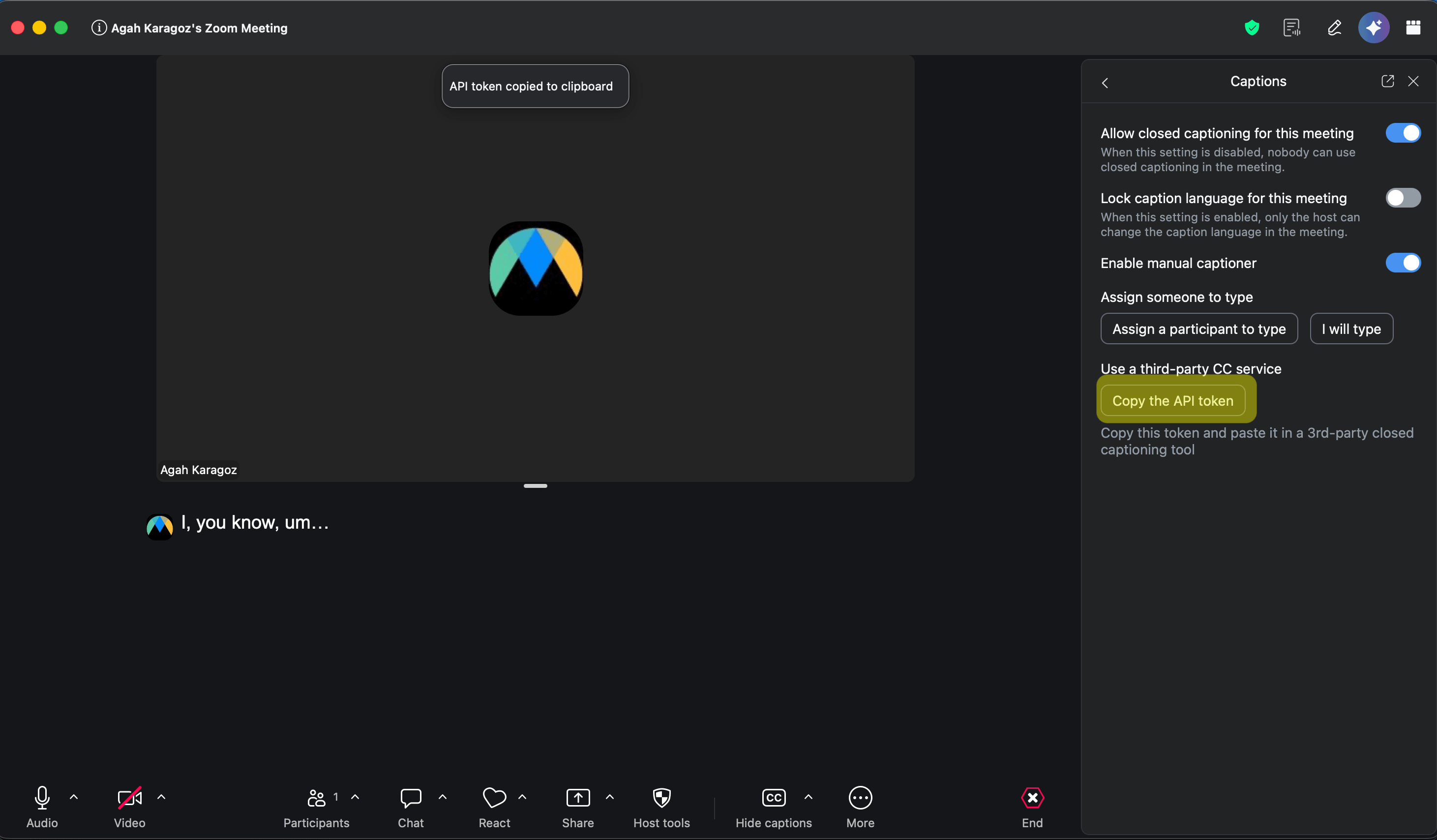 The Zoom Captions panel with Enable manual captioner and Copy the API token.