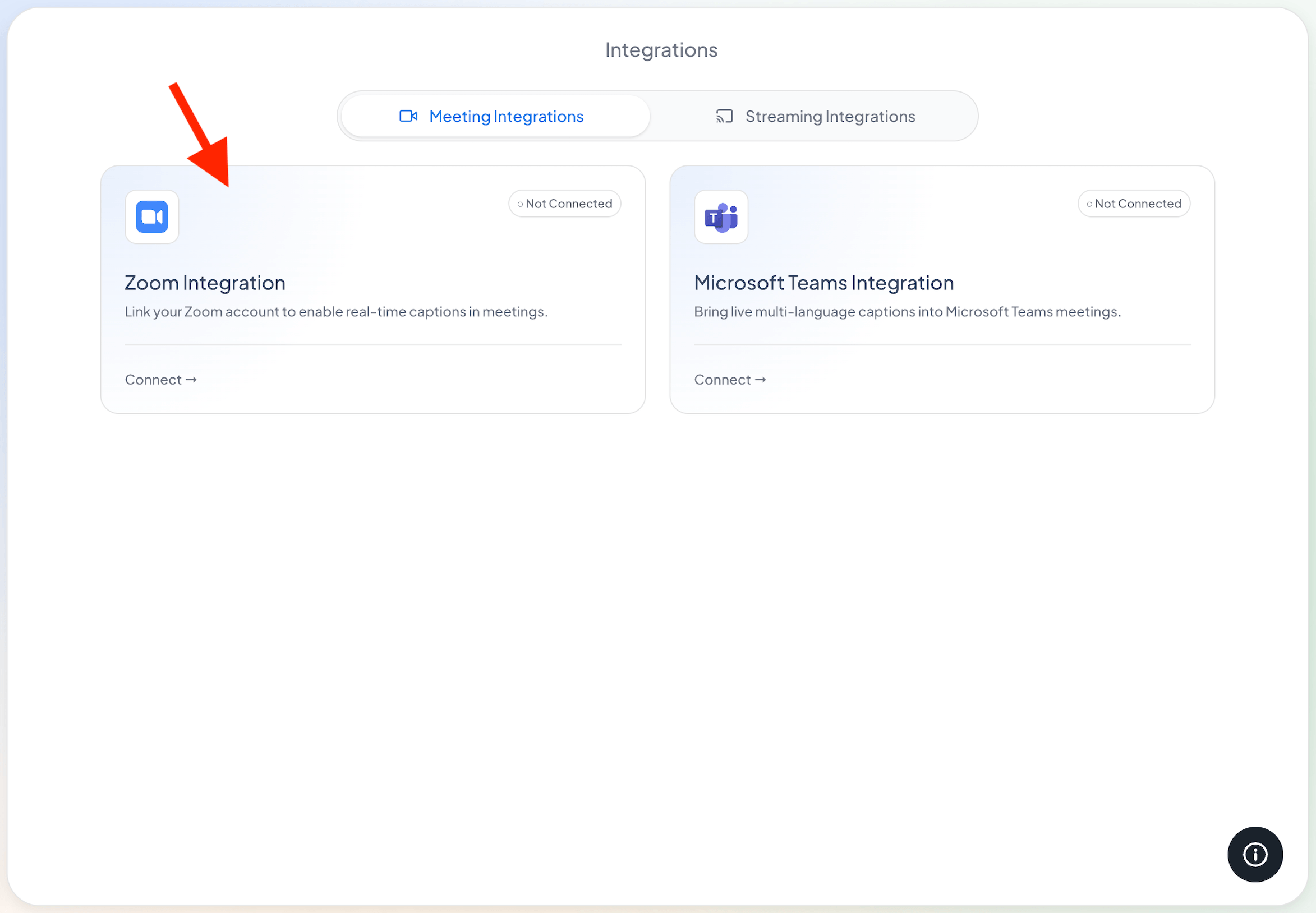 The Zoom Integration card on the Integrations page.